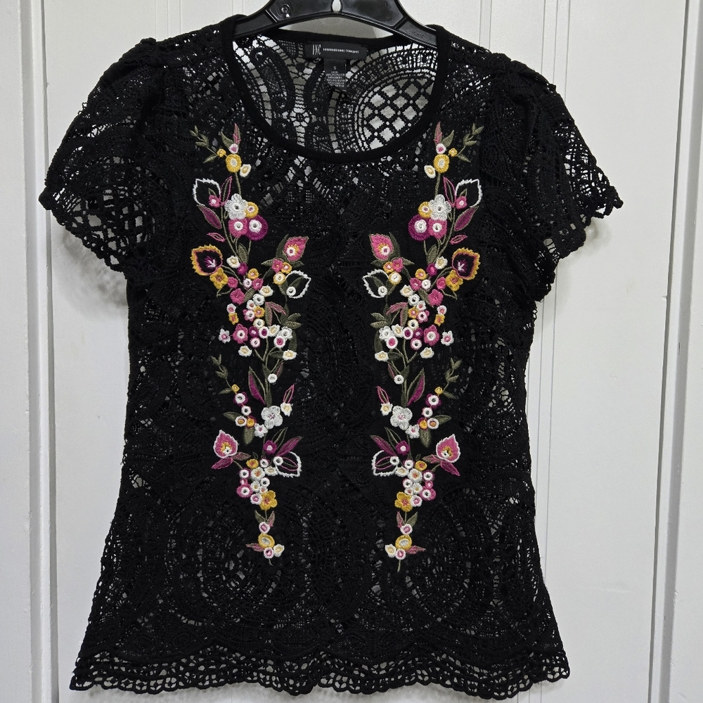 INC International Concepts Black Embellished Short Sleeve Blouse
